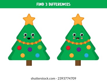 Find three differences between two pictures of cute cartoon  Christmas tree.