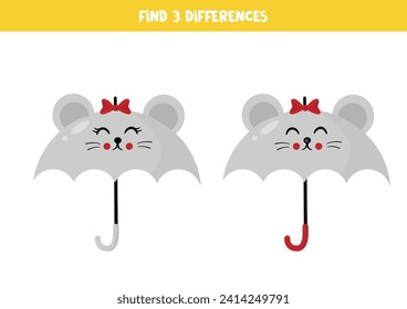 Find three differences between two pictures of cute cartoon mouse shaped umbrella.