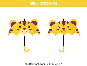 Find three differences between two pictures of cute cartoon tiger shaped umbrella.