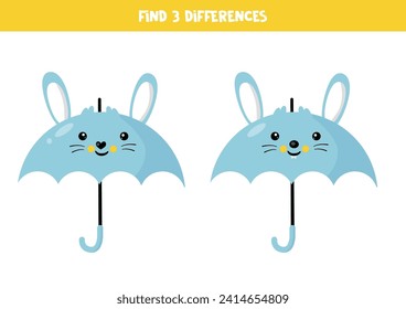 Find three differences between two pictures of cute cartoon rabbit shaped umbrella.