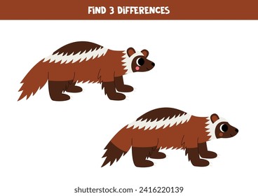 Find three differences between two pictures of cute cartoon wolverine.