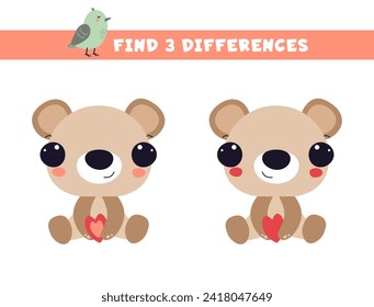 Find three differences between two pictures. Bear. Isolated on a white background.