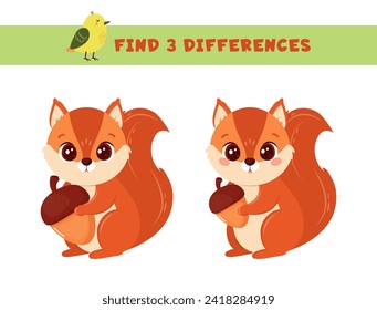 Find three differences between two pictures. Cute squirrel.