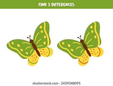 Find three differences between two pictures of colorful butterfly.
