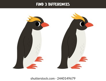 Find three differences between two pictures of cute macaroni penguin.