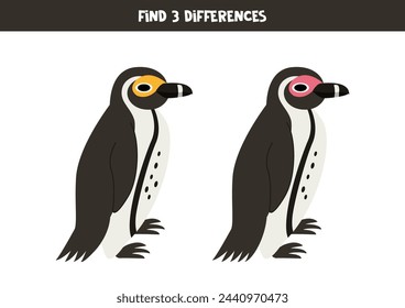 Find three differences between two pictures of cute African penguin.