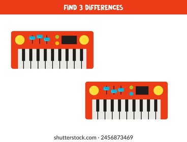 Find three differences between two pictures of toy piano.