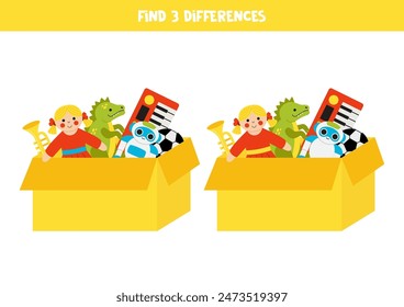 Find three differences between two pictures of cute cartoon box full of toys.