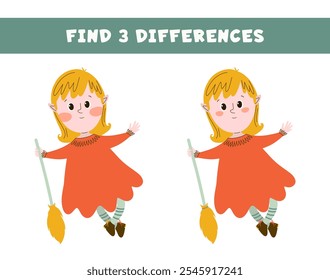 Find three differences between two pictures.Cute witch with a broom.