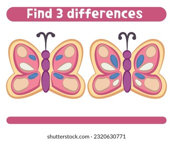 Find three differences Cute cartoon butterfly Worksheet for kids