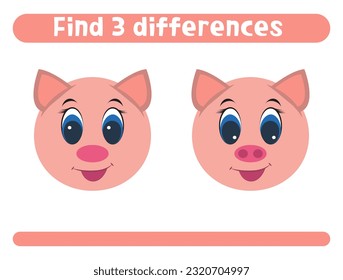 Find three differences Cute cartoon pig Worksheet for kids