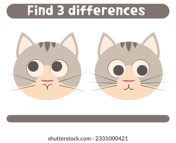 Find three differences. Cute little cat. Worksheet for kids.