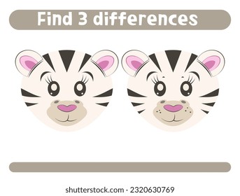Find three differences Cute zebra Worksheet for kids