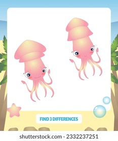 Find three differences. Educational worksheet. Squid, marine life collection.