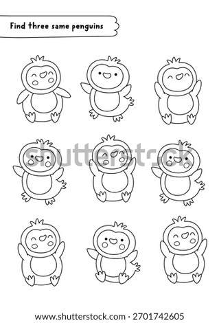 Find three same penguins. Christmas black and white matching activity for children. Winter holiday line quiz worksheet for kids. New Year printable game, coloring page with cute polar animals

