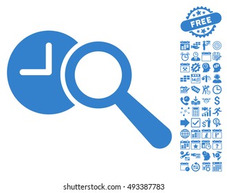 Find Time icon with bonus calendar and time management clip art. Vector illustration style is flat iconic symbols, cobalt color, white background.