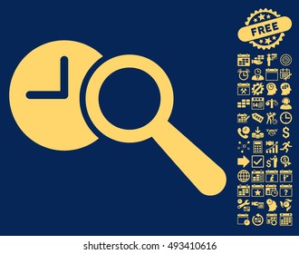 Find Time icon with bonus calendar and time management clip art. Vector illustration style is flat iconic symbols, yellow color, blue background.