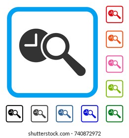 Find Time icon. Flat gray iconic symbol in a light blue rounded square. Black, gray, green, blue, red, orange color variants of Find Time vector. Designed for web and app user interface.