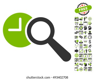 Find Time pictograph with bonus calendar and time management design elements. Vector illustration style is flat iconic bicolor symbols, eco green and gray colors, white background.