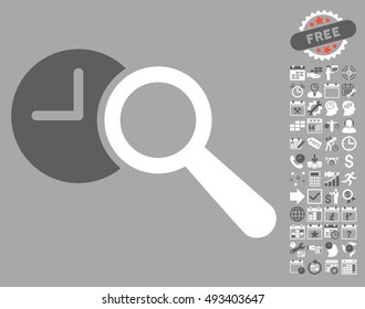 Find Time pictograph with bonus calendar and time management icon set. Vector illustration style is flat iconic bicolor symbols, dark gray and white colors, silver background.