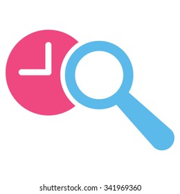Find Time vector icon. Style is bicolor flat symbol, pink and blue colors, rounded angles, white background.