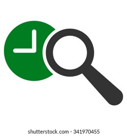 Find Time vector icon. Style is bicolor flat symbol, green and gray colors, rounded angles, white background.