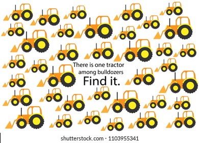 Find tractor among bulldozers, fun education puzzle game with transport for children, preschool worksheet activity for kids, task for the development of logical thinking and mind, vector illustration