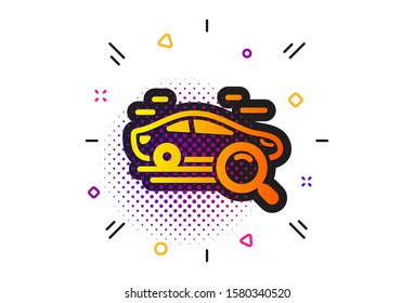 Find transport sign. Halftone circles pattern. Search car icon. Magnify glass. Classic flat search car icon. Vector