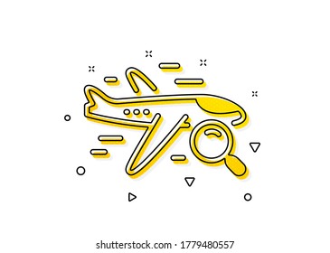 Find travel sign. Search flight icon. Magnify glass. Yellow circles pattern. Classic search flight icon. Geometric elements. Vector