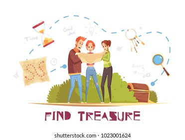 Find treasure cartoon vector illustration with game accessories and young people looking in map decorative icons