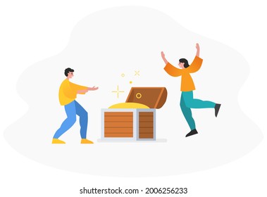 Encuentra el cofre del tesoro, gana un gran premio, logra el éxito. Dos personas se paran cerca del gran cofre del tesoro. Ilustración vectorial moderna