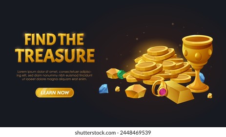 Find treasure poster. Golden coins near cup. Diamonds and ruby. Wealth for pirates. Landing webpage design. Realistic isometric vector illustration isolated on white background