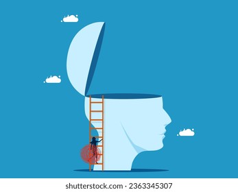 Find trouble with yourself. Businesswoman carrying chaos climbs a ladder onto a big head