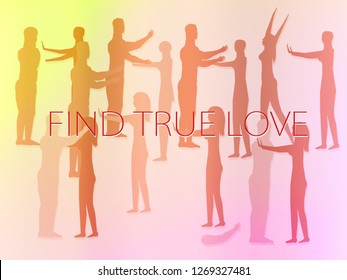 Find true love. Postcard or web banner. Valentine. Mannequins. Blind love.  Modern style. Bright gold and pink colors. Naked man and woman hugging. Realistic human silhouettes. Lovers.