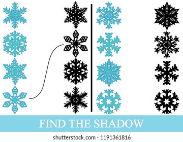 Find the true shadows (silhouettes) of snowflakes. Educational visual game for kids.