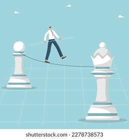 Find a trump card or key to achieve goals, business planning strategy for business development, achieve high results, move up the career ladder, a man walks a tightrope from a pawn to a chess queen.