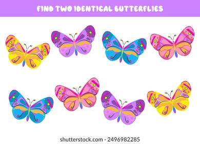 Find two butterflies of the same color. Logic game for attention. Educational games for children. Set of colorful butterflies. Educational cards for children.