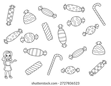 Encontrar dos caramelos puzzle gráfico blanco negro boceto ilustración Vector