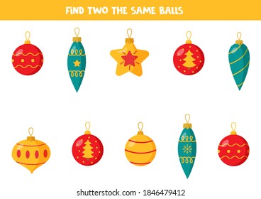 Find two the Christmas baubles. Logical worksheet for preschool kids.