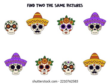 Find two cute identical dia de los Muertos skulls. Educational game for preschool children.
