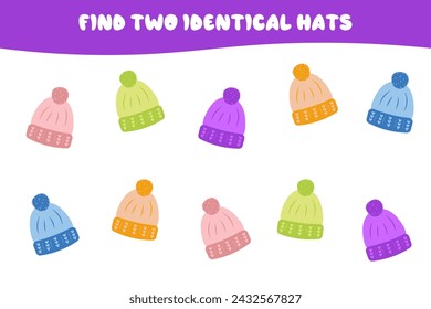 Find two hats of the same color. Logic game for attention. Educational games for children. Set of colorful hats in flat style. Educational cards for children