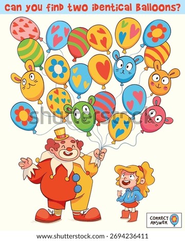 Find two identical balloons. Cute educational puzzle with a clown and colorful balloons. Fun printable activity for kids learning and preschool education. Spot it
