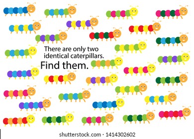 Find two identical caterpillars, spring fun education puzzle game for children, preschool worksheet activity for kids, task for the development of logical thinking and mind, vector illustration