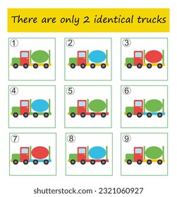 Find two identical concrete trucks. Logic game for kids. Preschool worksheet activity. Answer is 1,9.