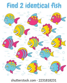 Find two identical fish. Find two same pictures. Educational game for children. Colorful cartoon characters. Funny vector illustration. Isolated on white background