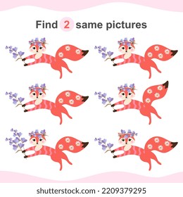 Find two identical foxes with flowers and connect them with a line. Educational game for kids.