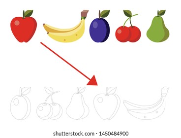 Find two identical fruits.  Educational matching game for children. Cartoon vector illustration. the matching educational kid game with simple gaming level for preschool kids. 