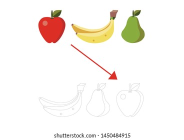 Find two identical fruits.  Educational matching game for children. Cartoon vector illustration. the matching educational kid game with simple gaming level for preschool kids. 