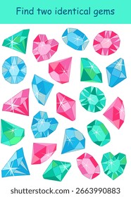 Finde zwei identische Spiele. Beobachtungsspiel. Vektorgrafik auf weißem Hintergrund für Kinderunterhaltung, Aktivitätsbuch, Arbeitsblatt.
