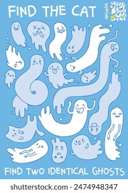 Find two identical ghosts. Find the cat. Extra item. Educational game for kids. Attention task. Worksheet page. Activity book. Funny cartoon character. Vector illustration